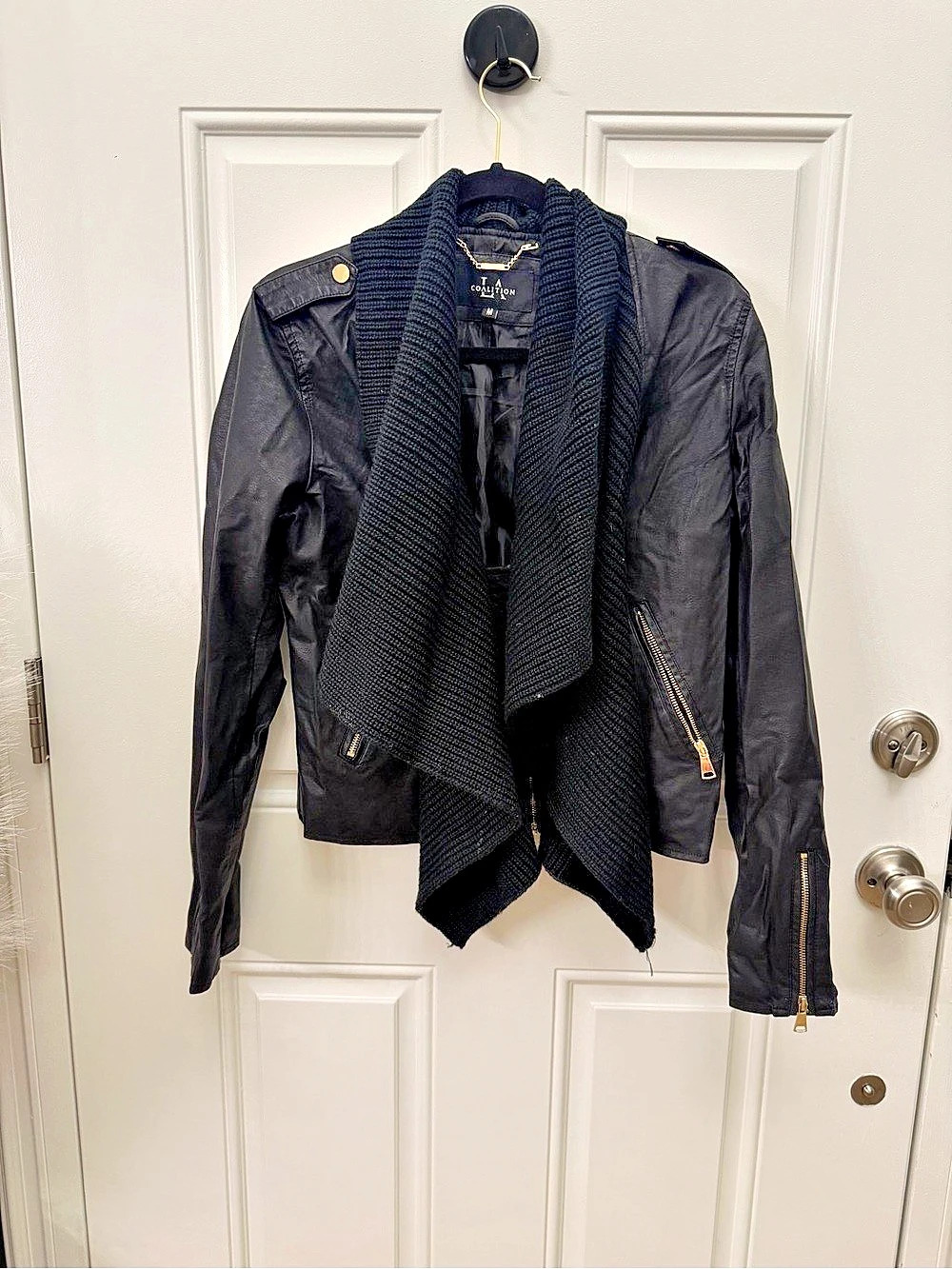 Coalition LA Black faux Leather Jacket with Knit Scarf Size Medium